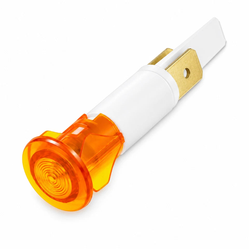 230V Neon Indicator Lamp Amber (orange) 10mm Panel Mount 6.3mm Spade Terminal