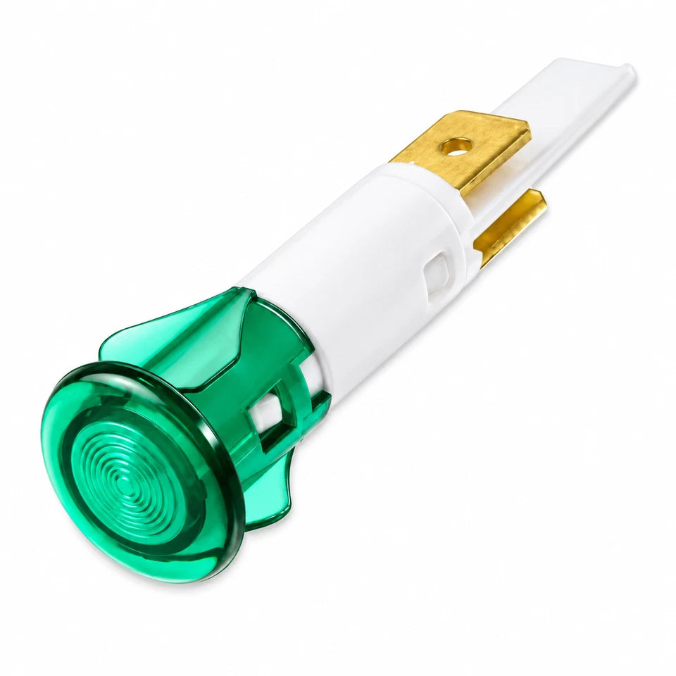 230V Neon Indicator Lamp Green 10mm Panel Mount 6.3mm Spade Terminal
